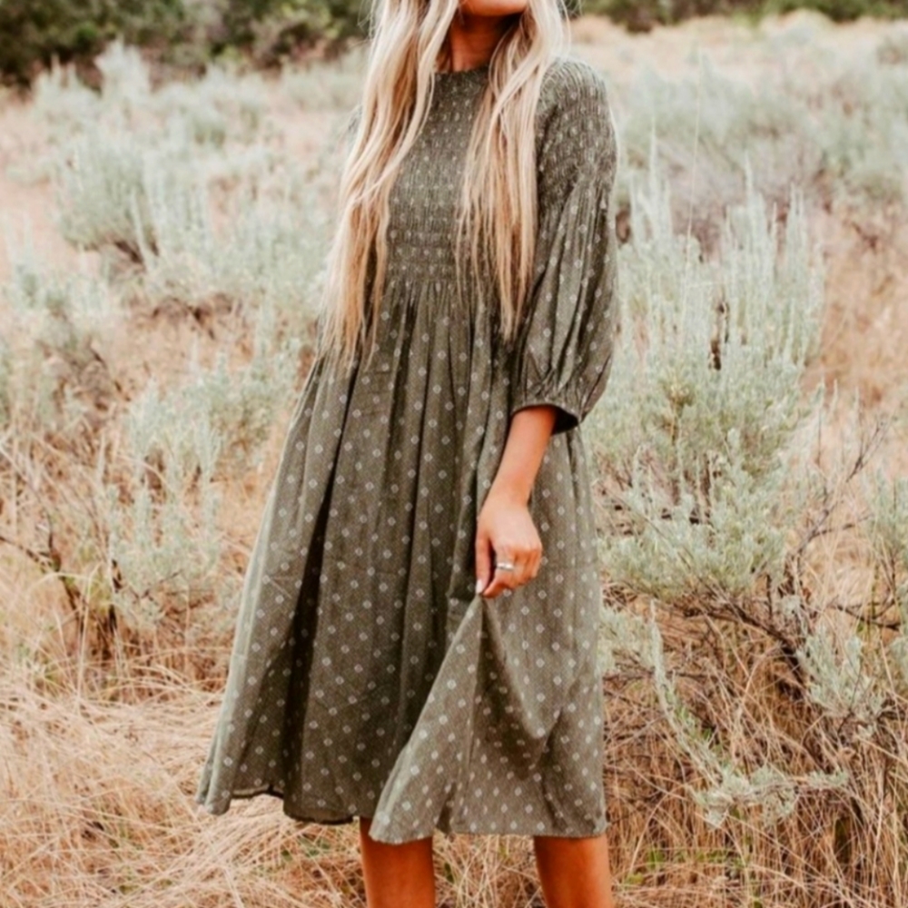 PURE 3/4 SLEEVE PLEATED PRINT DRESS